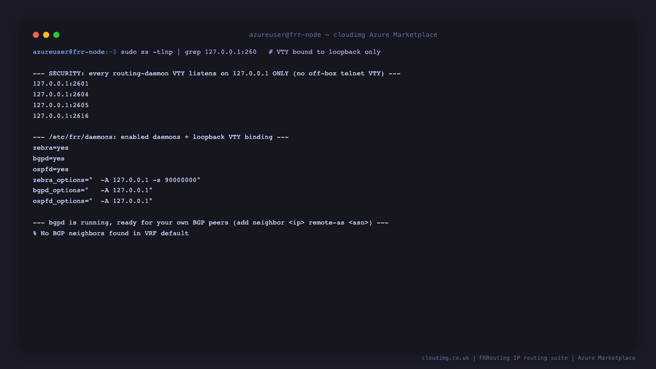 ss shows the zebra, ospfd, bgpd and staticd VTY ports bound to 127.0.0.1 only, etc frr daemons shows zebra bgpd and ospfd enabled with each options line binding to minus A 127.0.0.1, and show ip bgp summary reports bgpd running with no neighbors configured yet