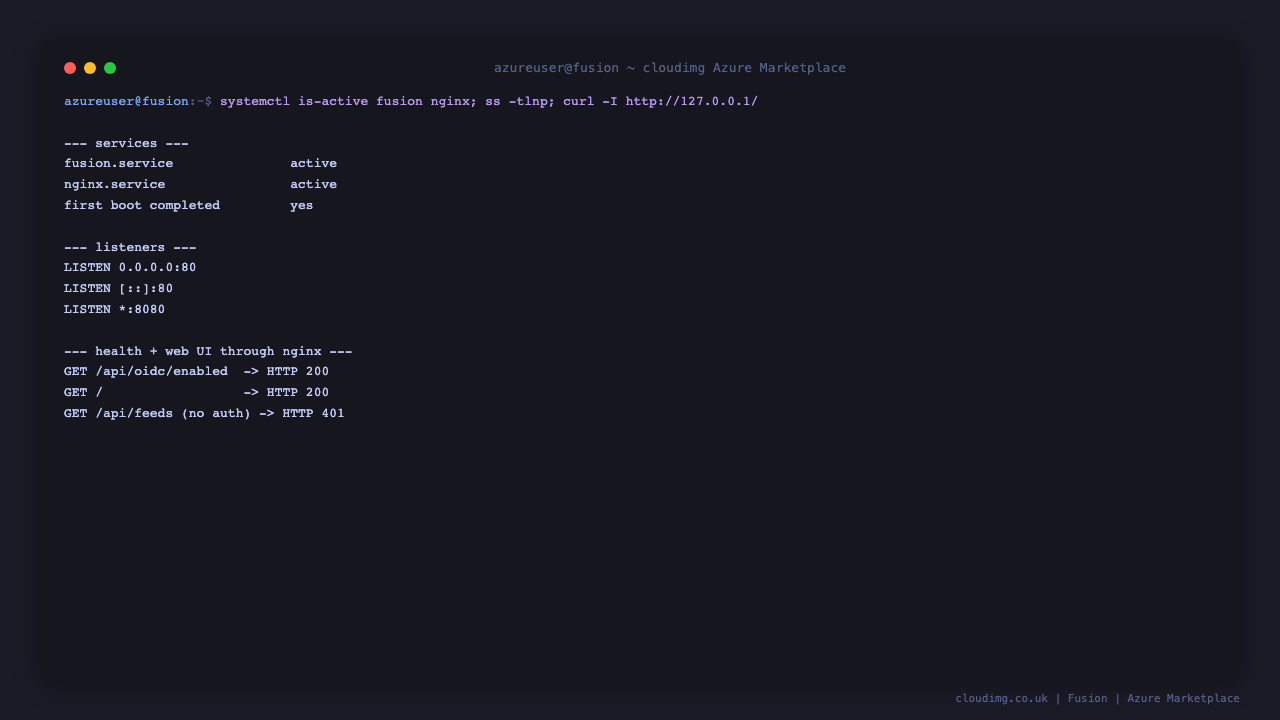 Fusion and nginx active, listeners bound and the API answering