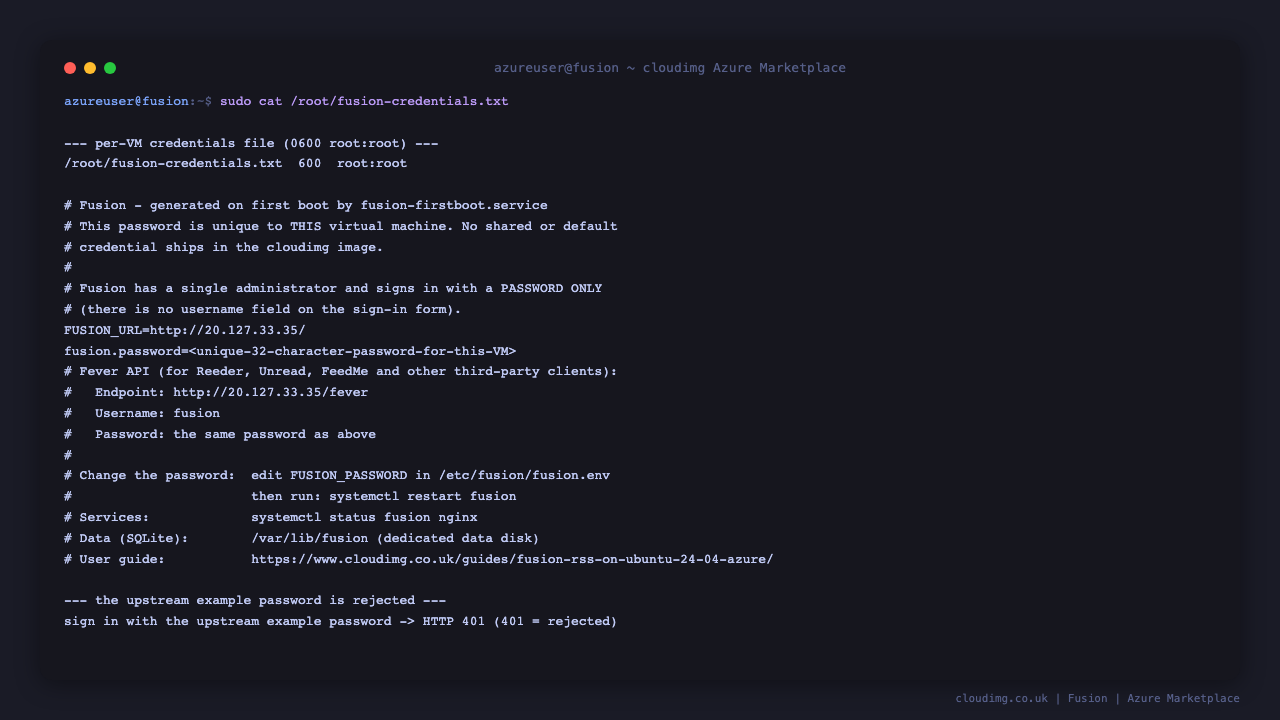 The per-VM credentials file, generated on first boot with the password redacted