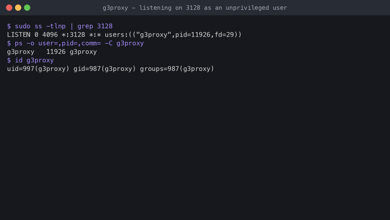 g3proxy listening on 3128 as an unprivileged user