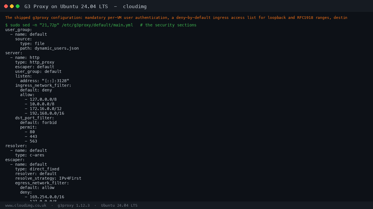 The shipped g3proxy configuration: mandatory per VM user authentication, a deny by default ingress access list for loopback and RFC1918 ranges, destination ports limited to standard web ports, and an anti SSRF egress filter blocking the cloud metadata range