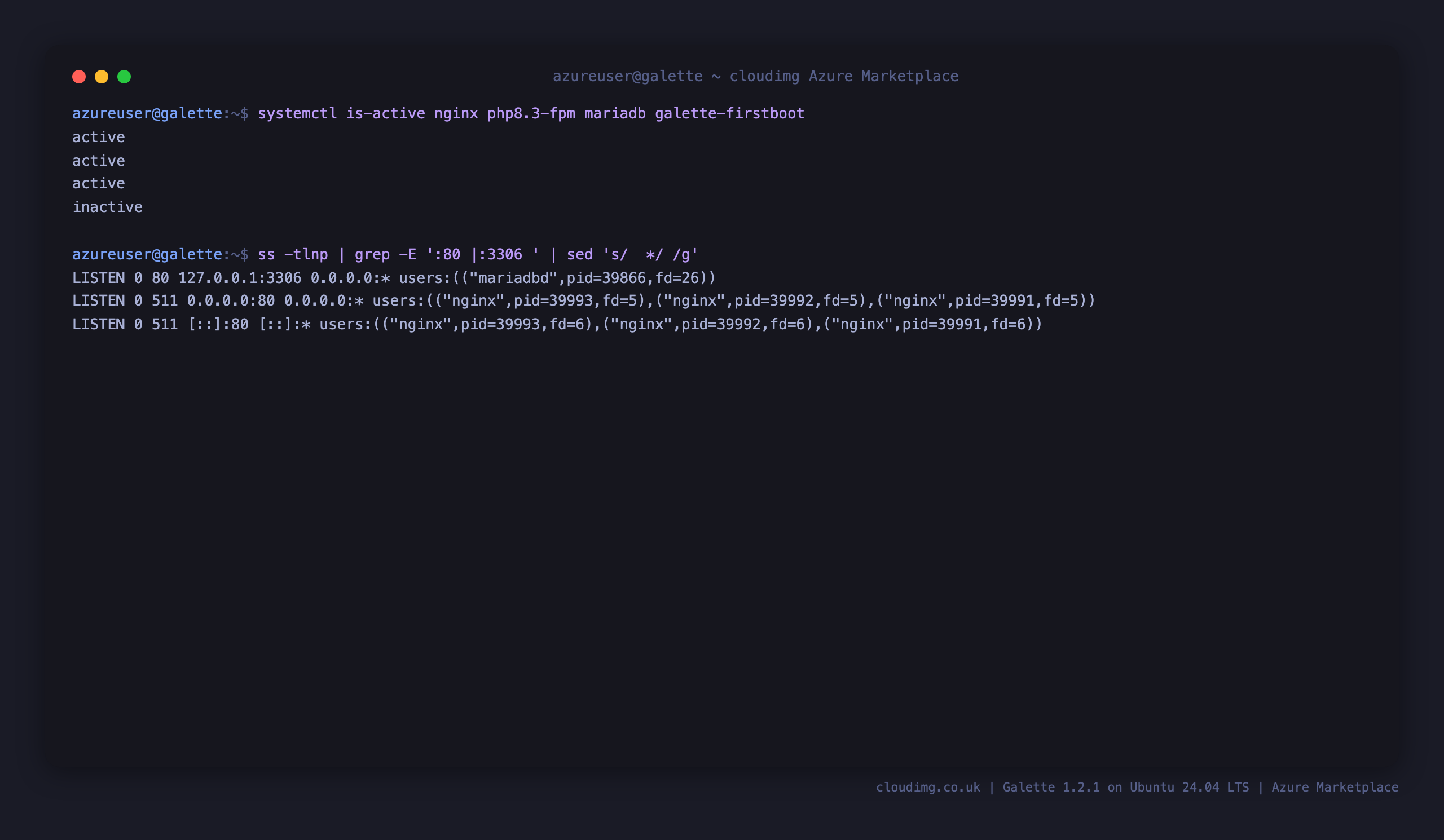 The nginx, php8.3-fpm, mariadb and galette-firstboot services active, with nginx on port 80 and MariaDB bound to loopback 127.0.0.1:3306