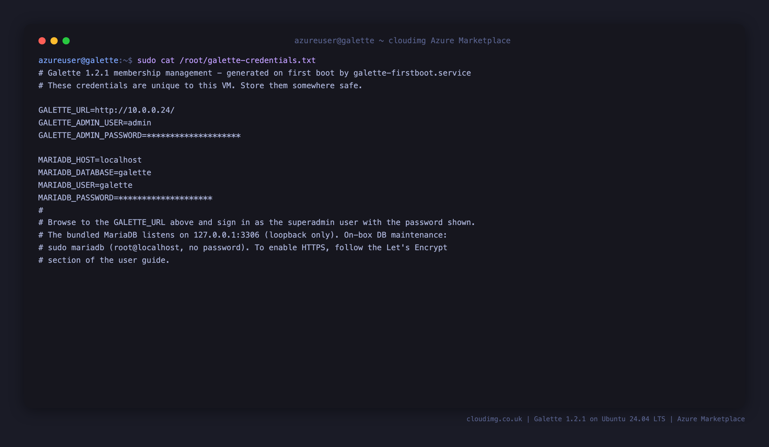 The per VM Galette credentials file, showing the superadmin login user, the generated password masked, the application URL and the loopback MariaDB details