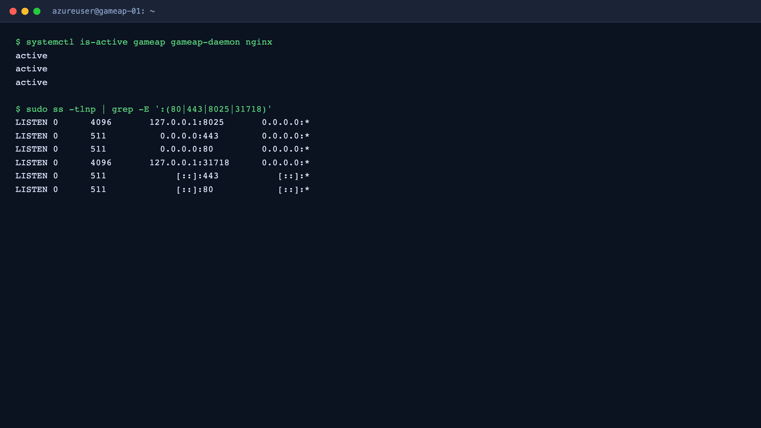 gameap, gameap-daemon and nginx all active, with nginx bound to the public 0.0.0.0:80 and 0.0.0.0:443 while the panel HTTP port 8025 and the panel to daemon gRPC port 31718 are bound to loopback 127.0.0.1 only