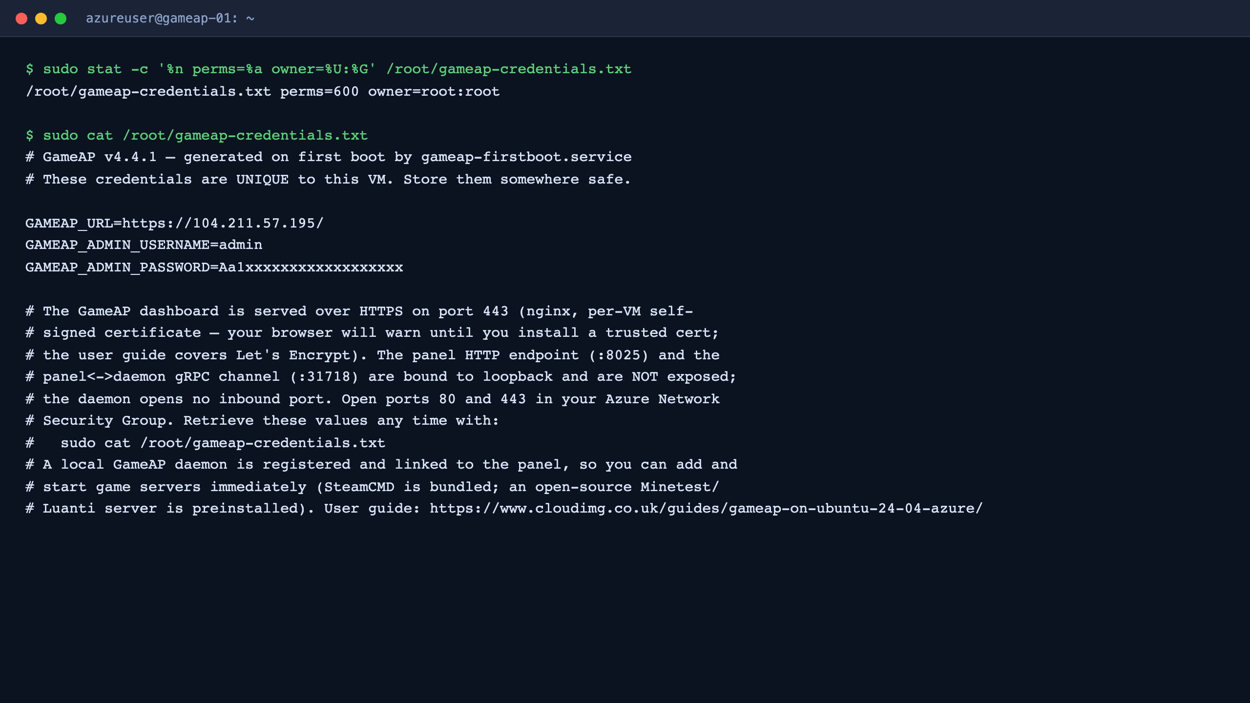 The per VM admin credentials file stored 0600 root:root at /root/gameap-credentials.txt, holding the admin username, the unique password generated for this VM at first boot, and the panel URL