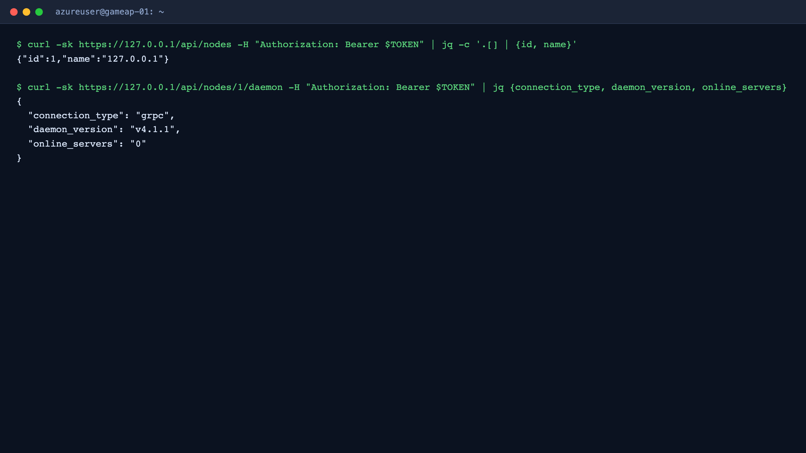The GameAP API returning the local node and a daemon status of connection_type grpc, proving the panel and the local daemon are linked over the mutual TLS gRPC stream