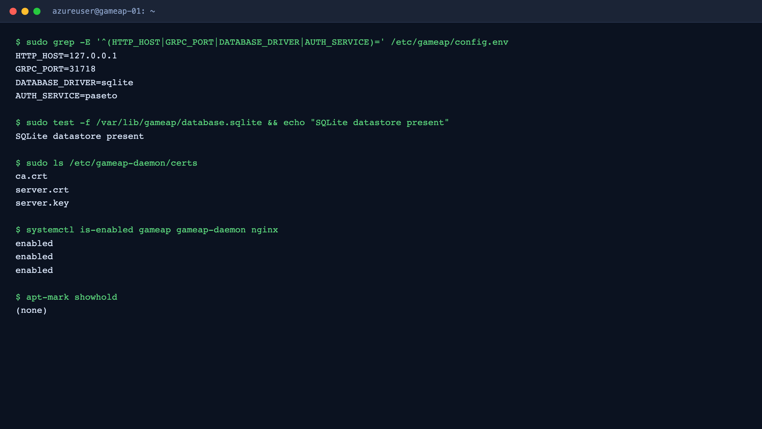 The GameAP config.env showing the loopback HTTP host, gRPC port 31718, SQLite datastore and paseto auth, the SQLite database present, the daemon per VM certificates, the services enabled, and an intact OS patch baseline with no held packages