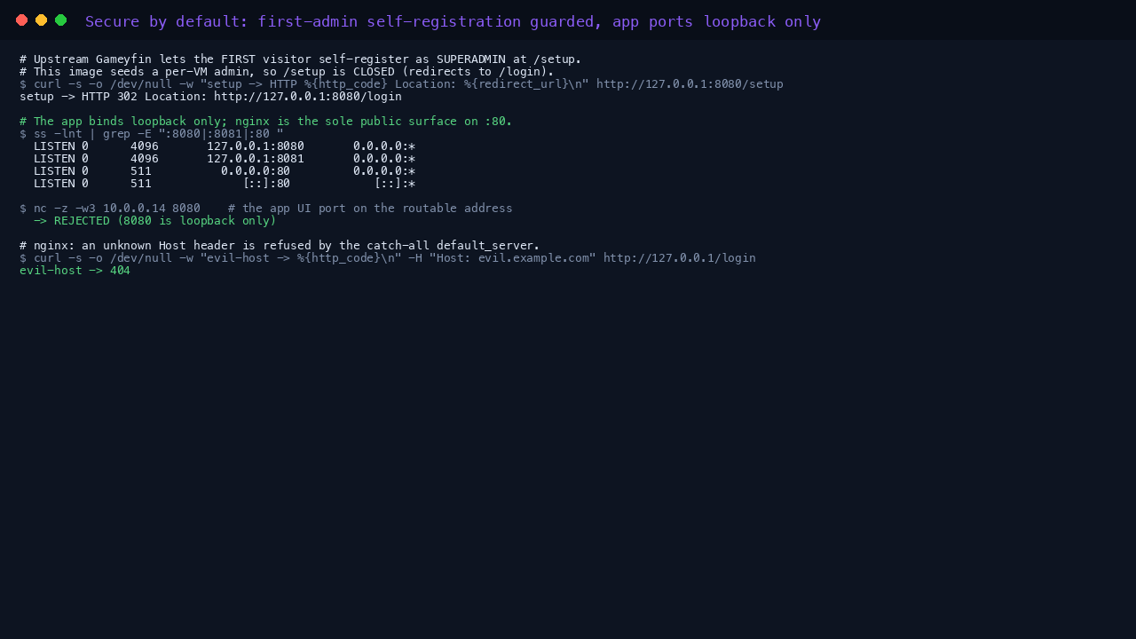 Secure by default: /setup redirects to the login page, the app ports are loopback only and refused on the routable address, and nginx returns 404 for unknown hosts