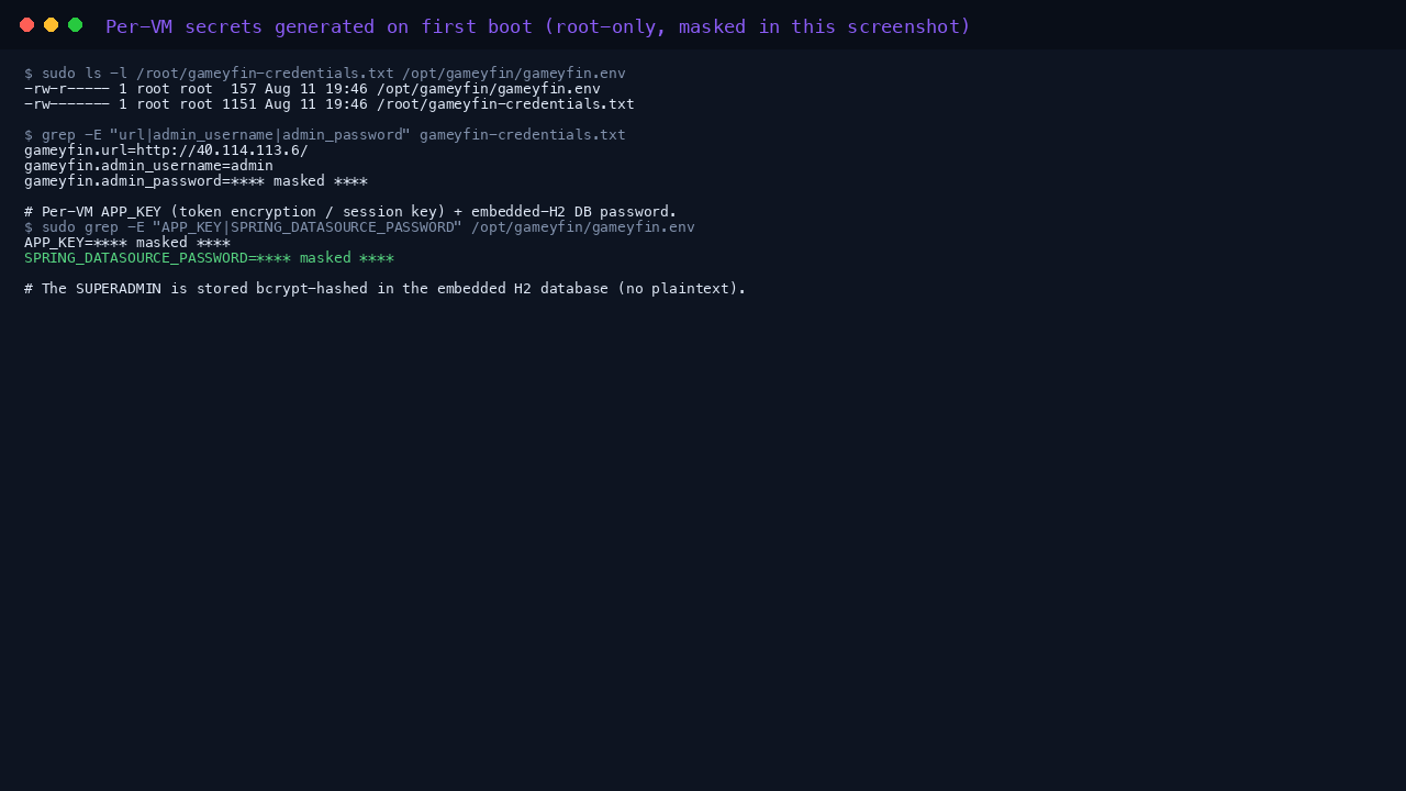 The root-only per-VM credentials file with the sign-in URL, admin username and generated password, plus the per-VM APP_KEY and embedded-database password (all masked here)