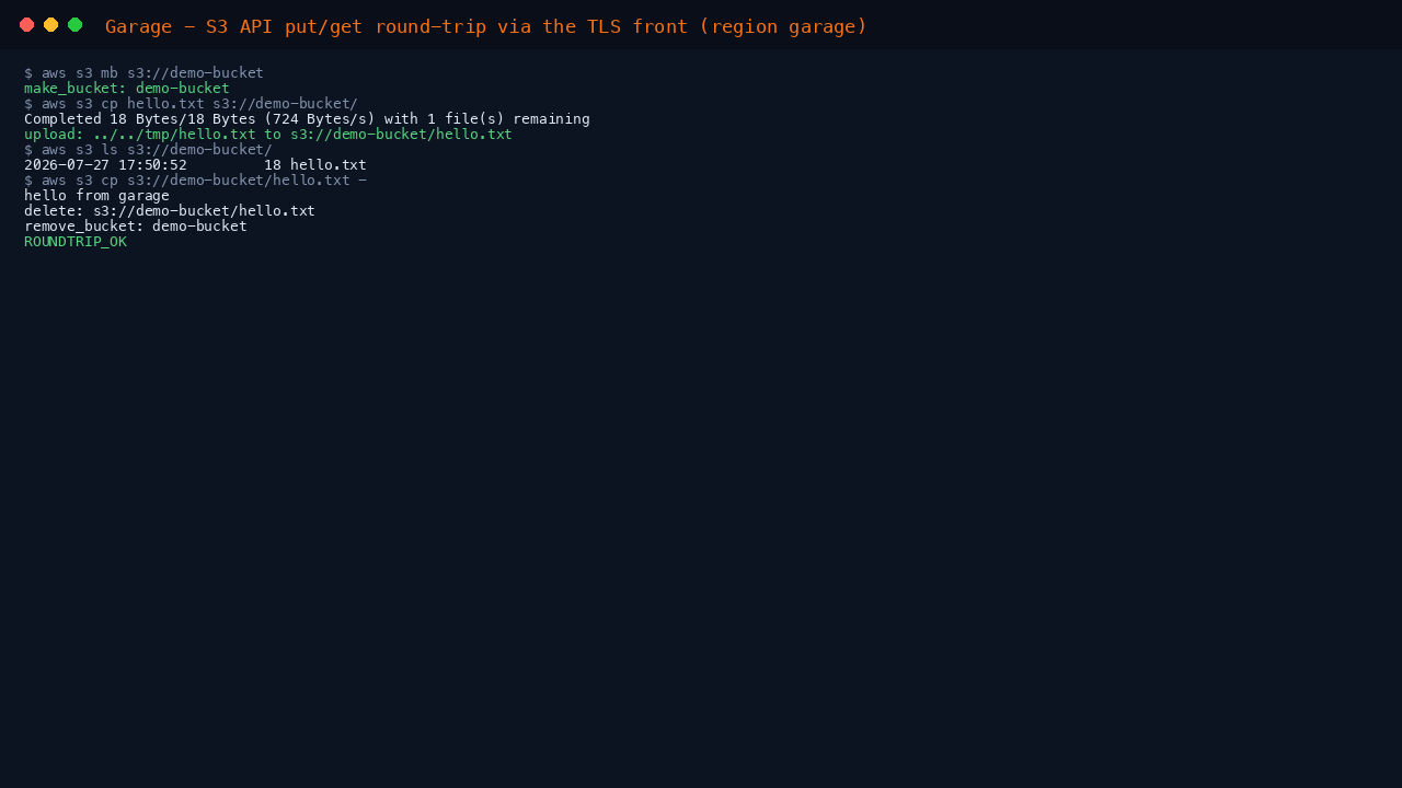aws s3 make-bucket, put, get, verify and remove round-trip through the Garage TLS S3 endpoint