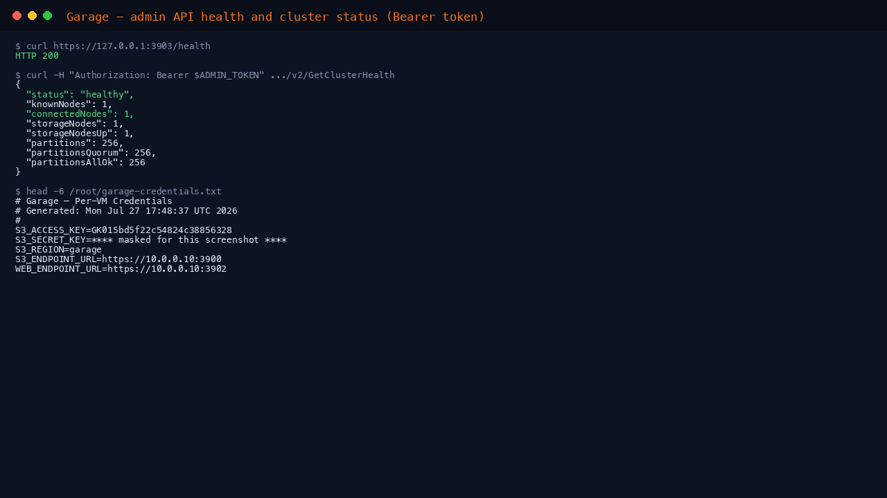 Garage admin API health check returning HTTP 200 and GetClusterHealth reporting a healthy cluster