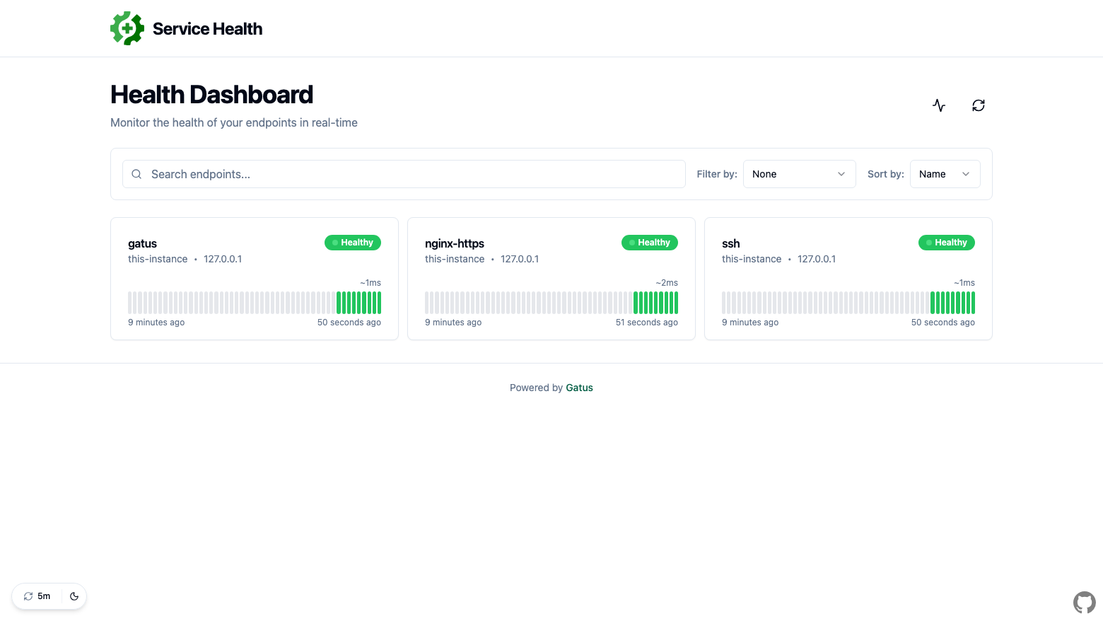The Gatus health dashboard showing the gatus, nginx-https and ssh endpoints of this instance, all Healthy