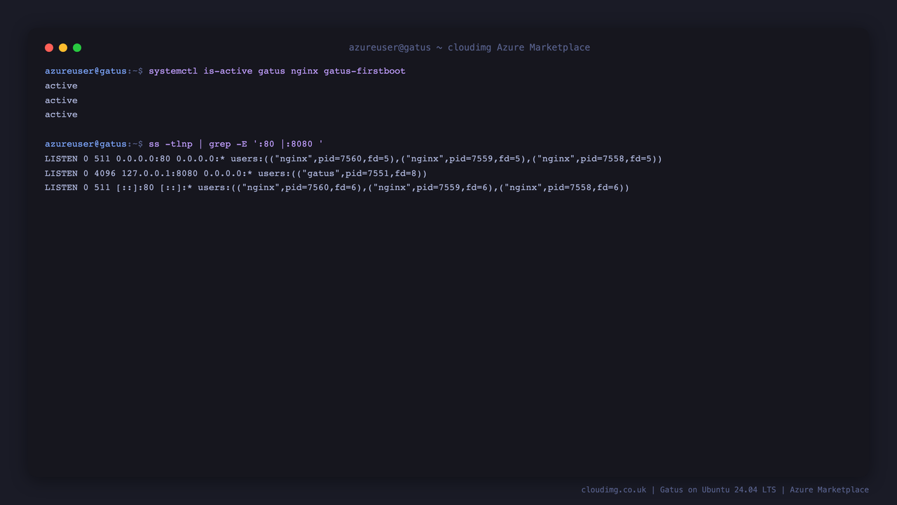 Gatus, nginx and the firstboot service all active, with nginx bound to public port 80 and Gatus bound to loopback 127.0.0.1:8080 only