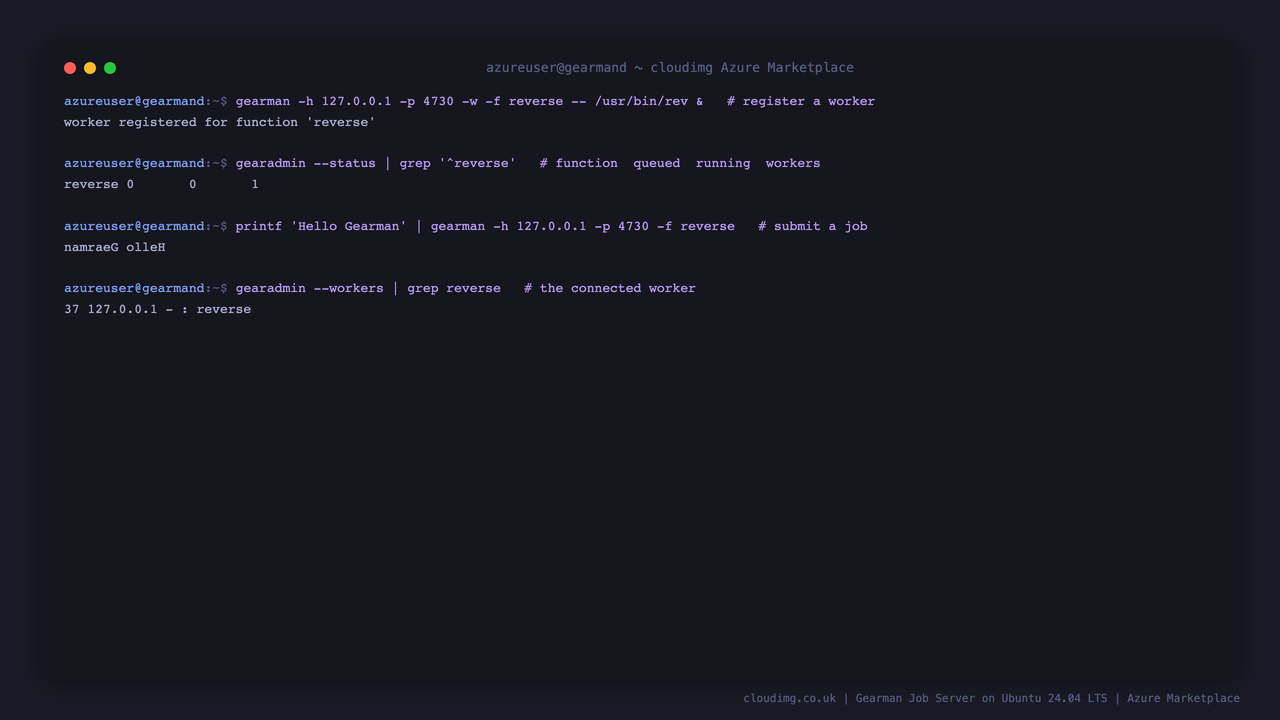 a worker is registered for the reverse function, gearadmin --status shows reverse with one connected worker, a client submits the payload Hello Gearman and the job server returns the reversed result namraeG olleH, and gearadmin --workers lists the connected worker registered for reverse