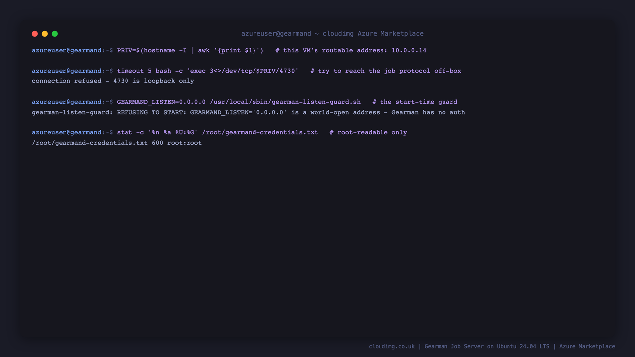 the routable private address of the VM is printed, a connection to port 4730 on that address is refused because the job protocol is bound to loopback only, the start-time listen guard refuses a world-open GEARMAND_LISTEN of 0.0.0.0, and the credentials file is shown as 0600 root root