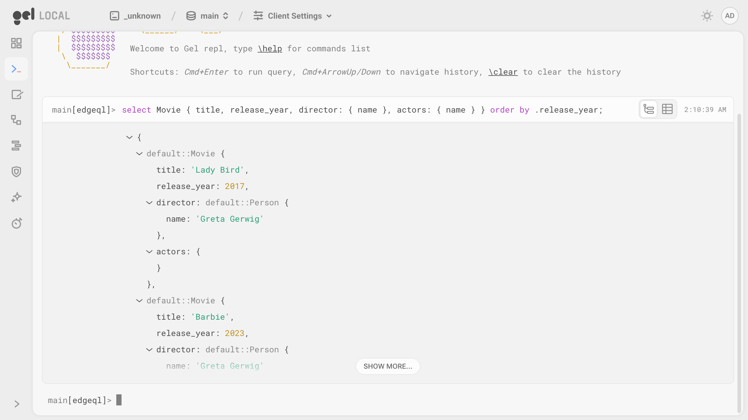The Gel UI REPL running a nested EdgeQL query