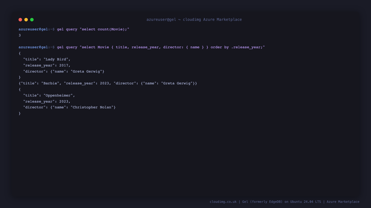 An EdgeQL query returning the seeded movies from the CLI