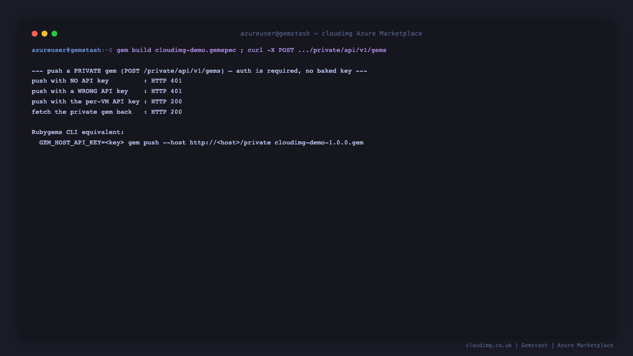 Pushing a private gem to Gemstash: a push with no API key returns HTTP 401, a push with a wrong API key returns HTTP 401, a push with the per instance API key returns HTTP 200, and fetching the private gem back returns HTTP 200 — no baked key is accepted