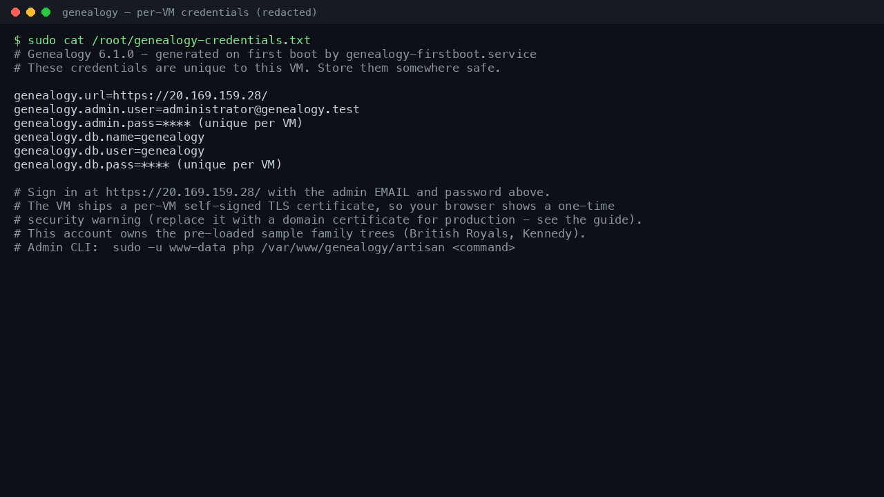 Per-VM credentials file (secrets redacted)