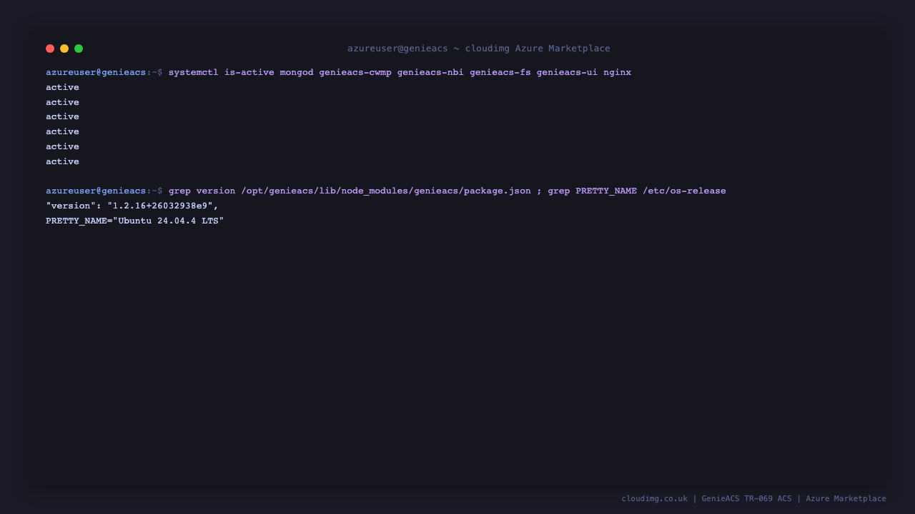 The six GenieACS services active on GenieACS 1.2.16 and Ubuntu 24.04 LTS