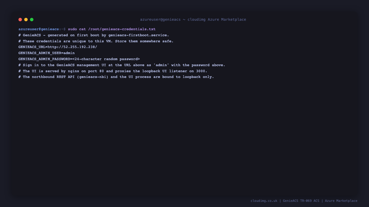 The per-VM GenieACS credentials generated on first boot, stored root-only