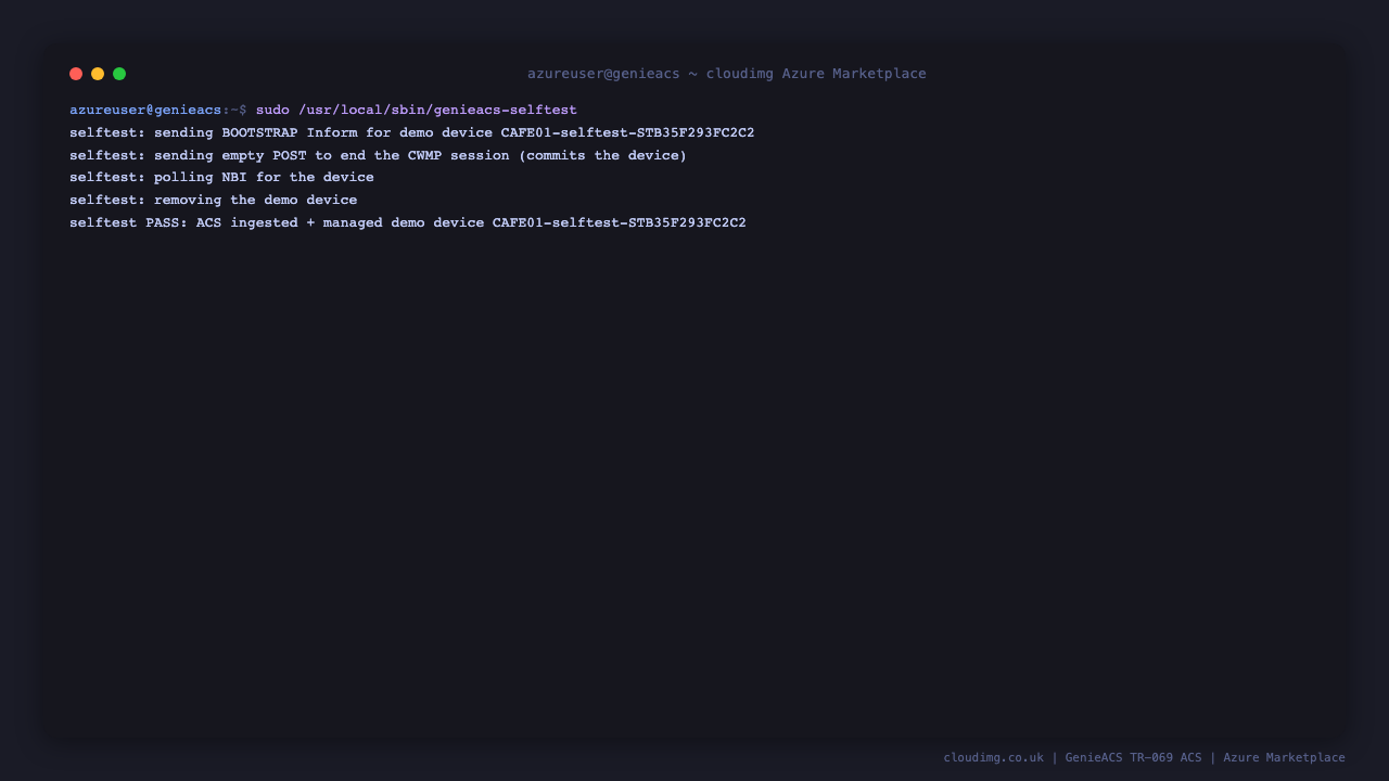 The GenieACS TR-069 self-test performing a full CWMP session and confirming device ingest