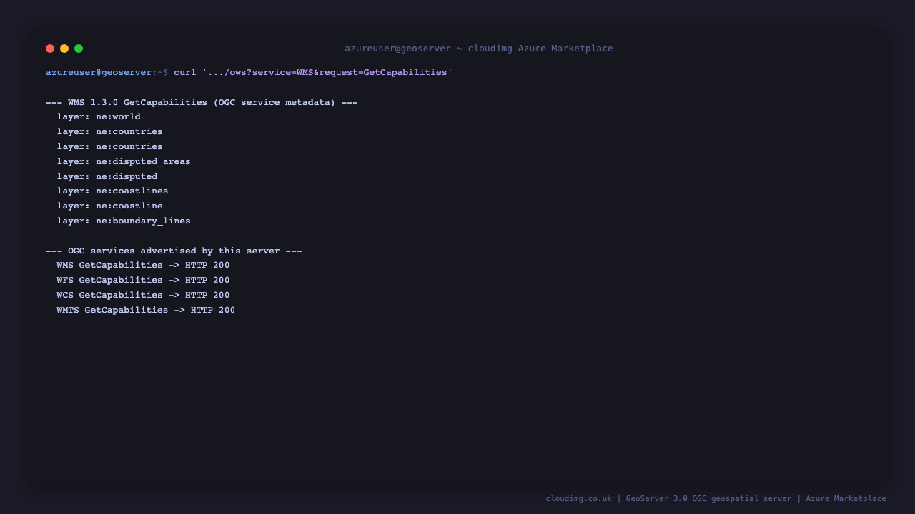 The WMS 1.3.0 GetCapabilities document listing sample layer names, and each OGC service (WMS, WFS, WCS, WMTS) returning HTTP 200 for its GetCapabilities request