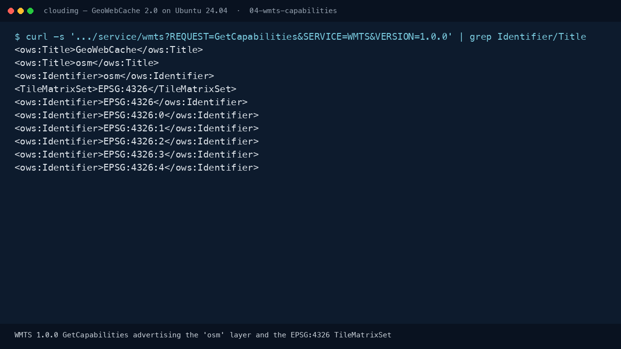The WMTS 1.0.0 GetCapabilities document advertising the osm layer and the EPSG:4326 TileMatrixSet with its per zoom tile matrix identifiers