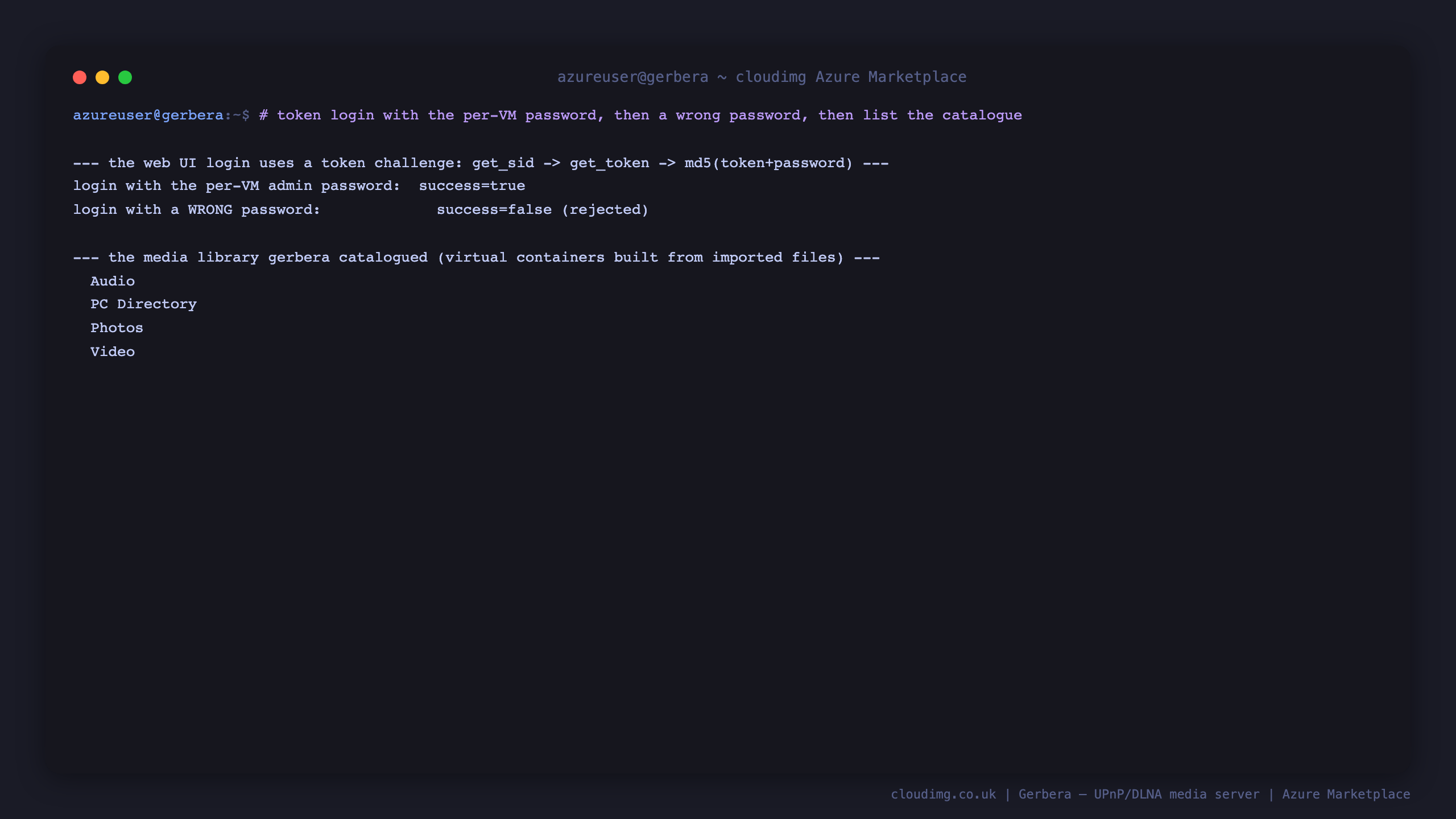 The token login succeeding with the per-VM admin password, a wrong password being rejected, and the catalogued media library listed from the API