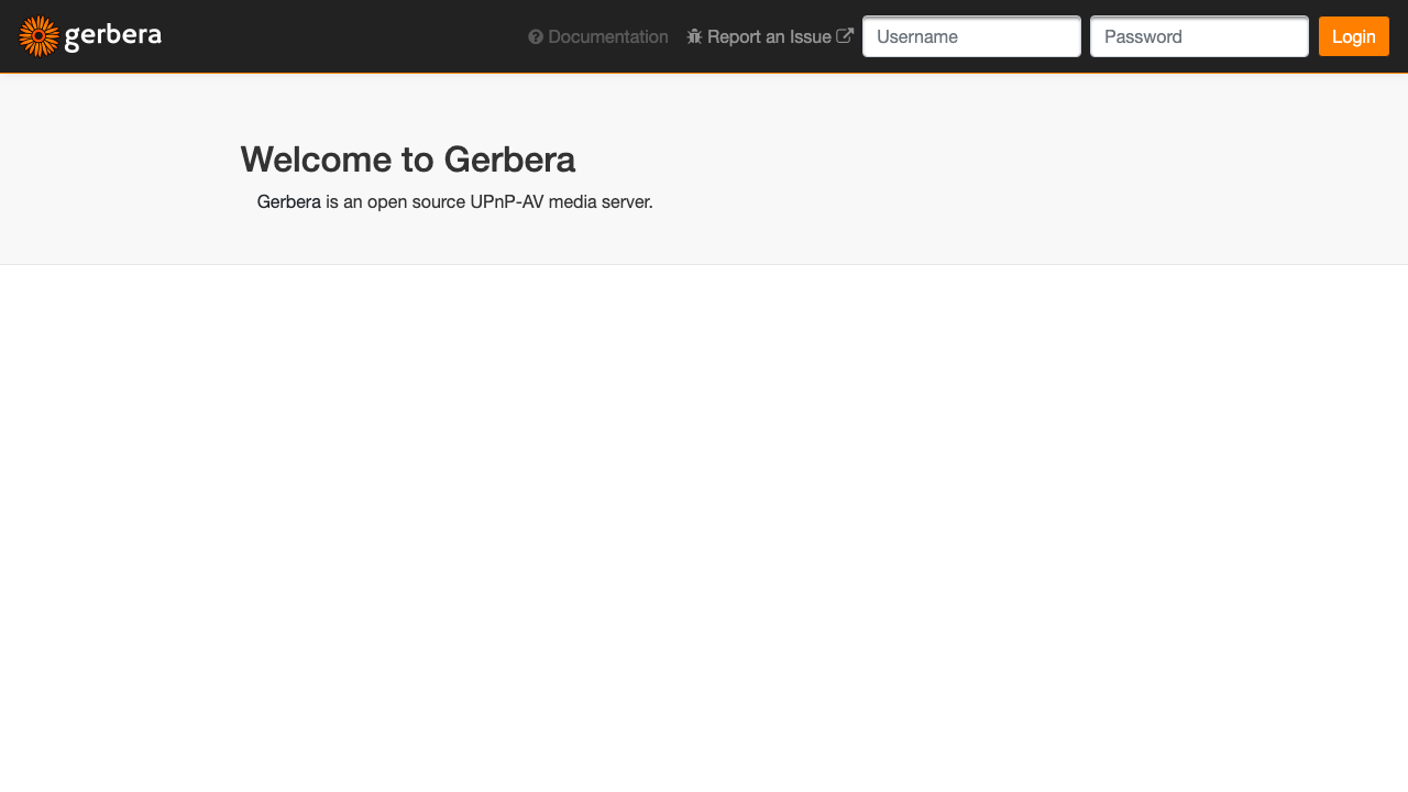 The Gerbera web UI login screen, served over account authentication - sign in as admin with the per-VM password