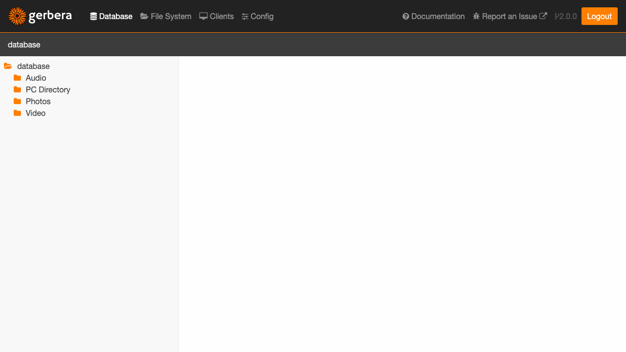 The Gerbera Database view after sign in, showing the catalogued library grouped into Audio, Photos and Video containers