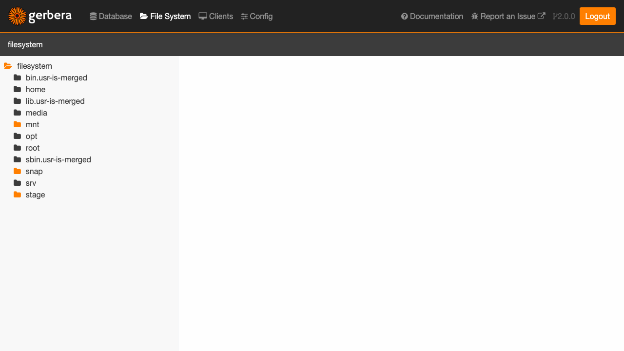 The Gerbera File System view, where you browse the server filesystem and add media folders to the library