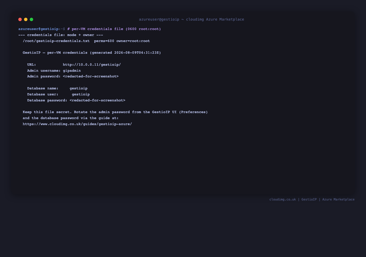 The credentials file contents (redacted), then a real login through the form with the per-VM password, confirmation that the authenticated network overview renders, and confirmation that gestioip, admin, password, changeme, admin123 and a blank password are all rejected