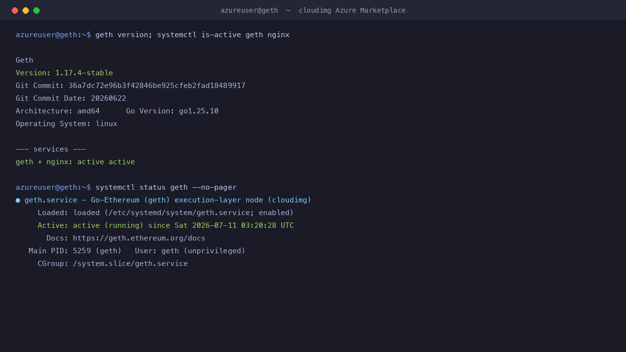 geth version reports 1.17.4 stable at commit 36a7dc72 built with Go 1.25; geth and nginx are both active; and systemctl status shows geth.service active and running as the unprivileged geth user