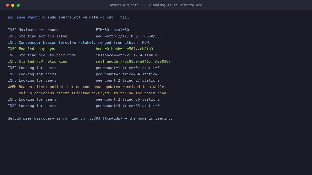 The Geth journal shows the peer to peer node starting, snap sync enabled, the enode identity advertised on port 30303, and peercount climbing as the node discovers peers, along with a note to pair a consensus client to follow the chain head