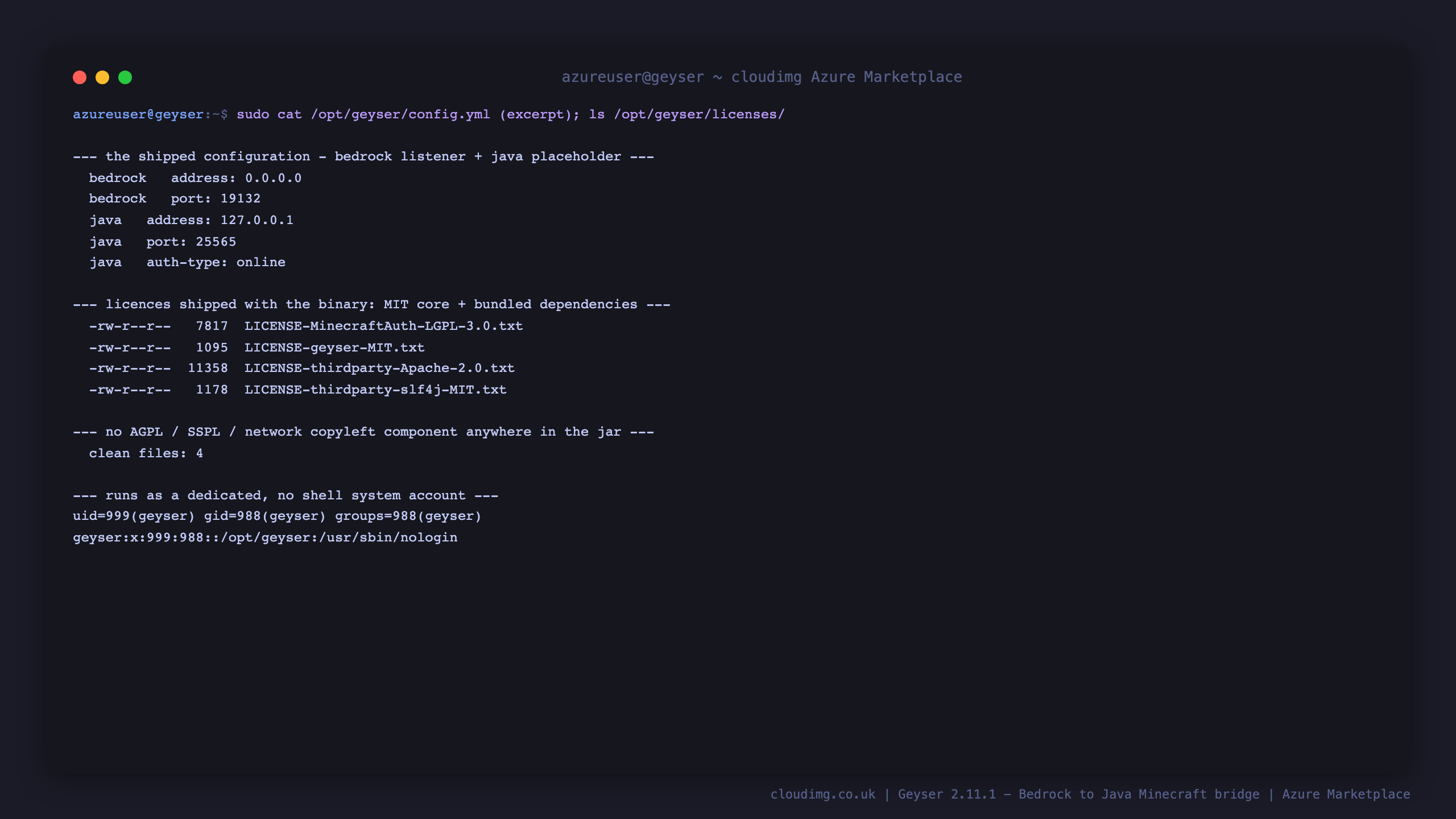 Terminal showing the shipped licence files for Geyser MIT, the bundled MinecraftAuth LGPL 3.0 library and the third party notices, confirming no AGPL or network copyleft component exists, alongside the geyser system user and the config.yml java section still showing the honest unedited placeholder