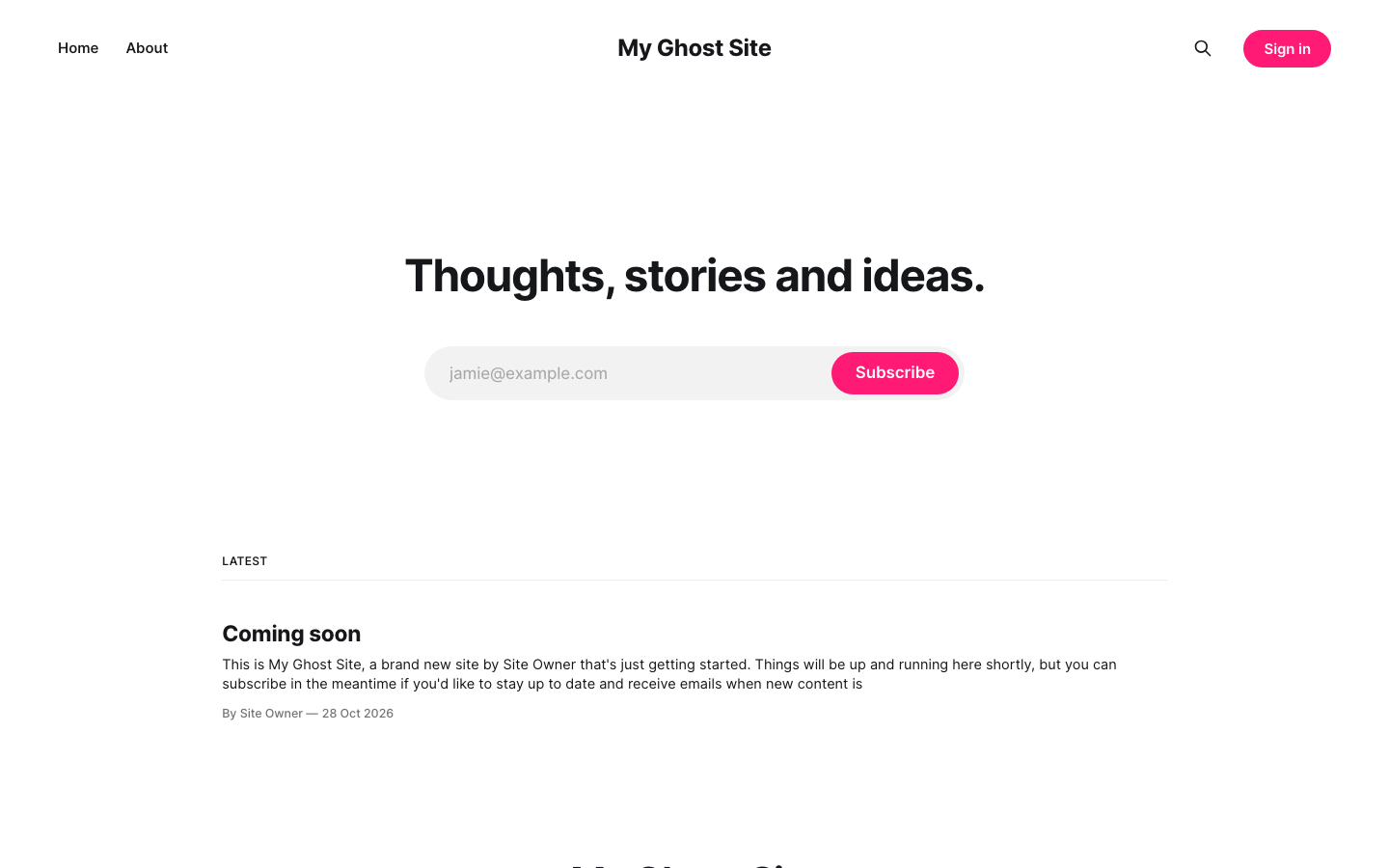 The Ghost home page of a fresh site with the Source theme