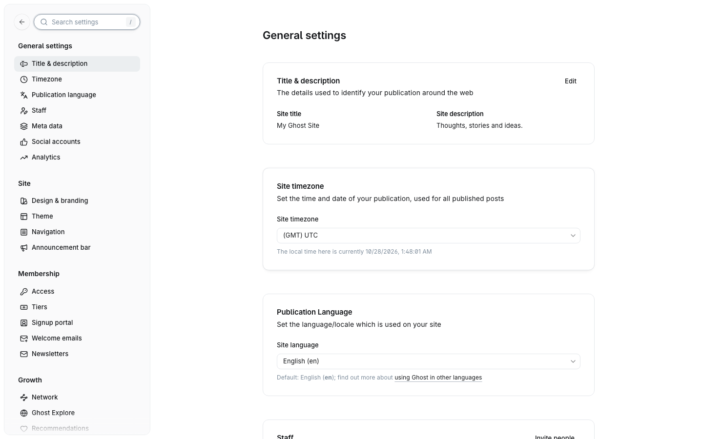 Ghost's General settings with the settings sidebar
