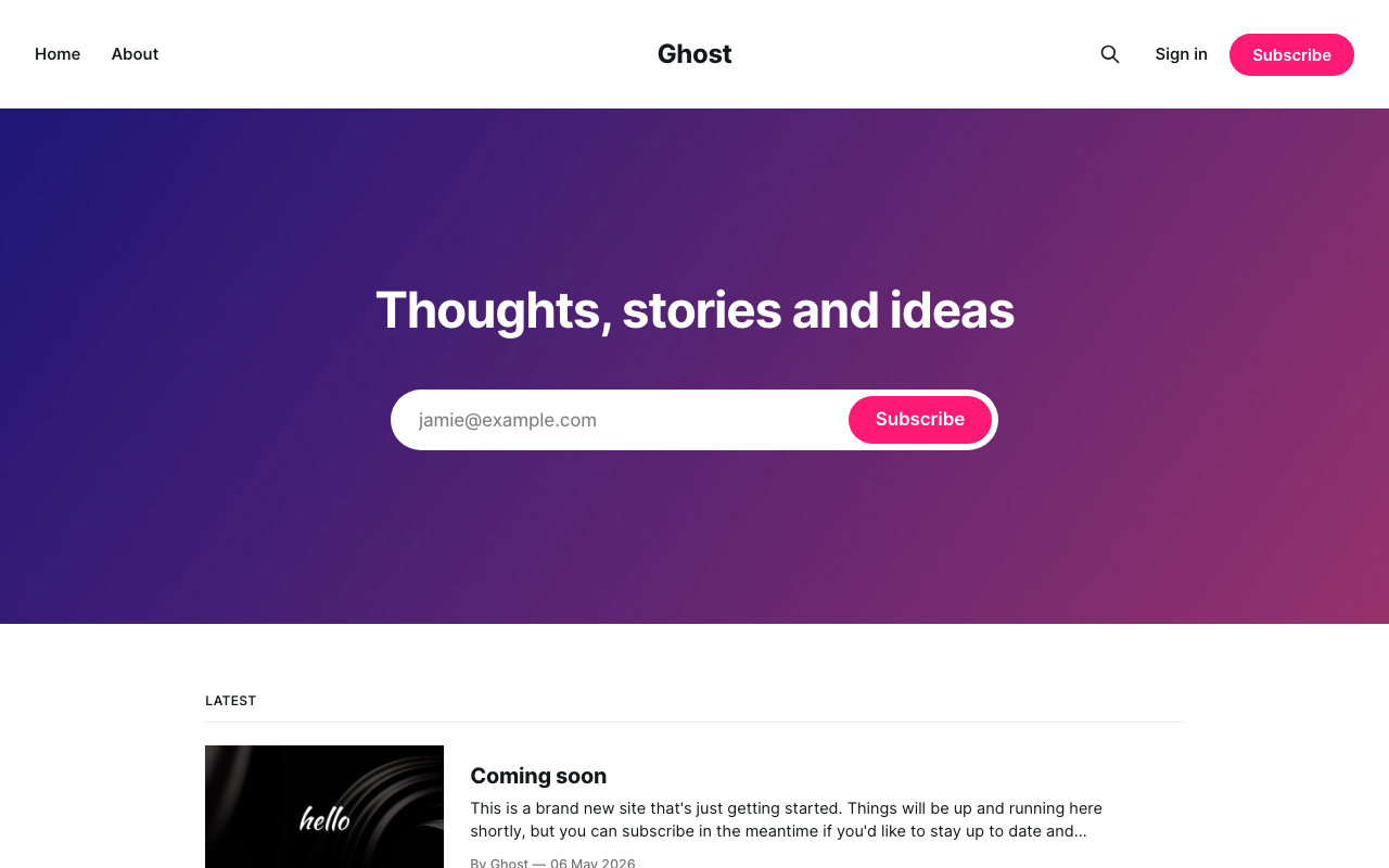 Ghost Casper theme storefront — "Thoughts, stories and ideas" default home page