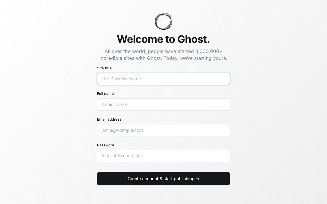 Ghost admin setup wizard — "Welcome to Ghost" form for the owner account