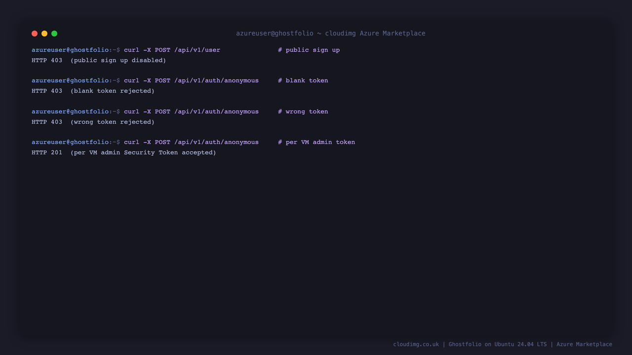Public sign up returns HTTP 403, blank and wrong tokens return HTTP 403, and the per VM admin Security Token returns HTTP 201