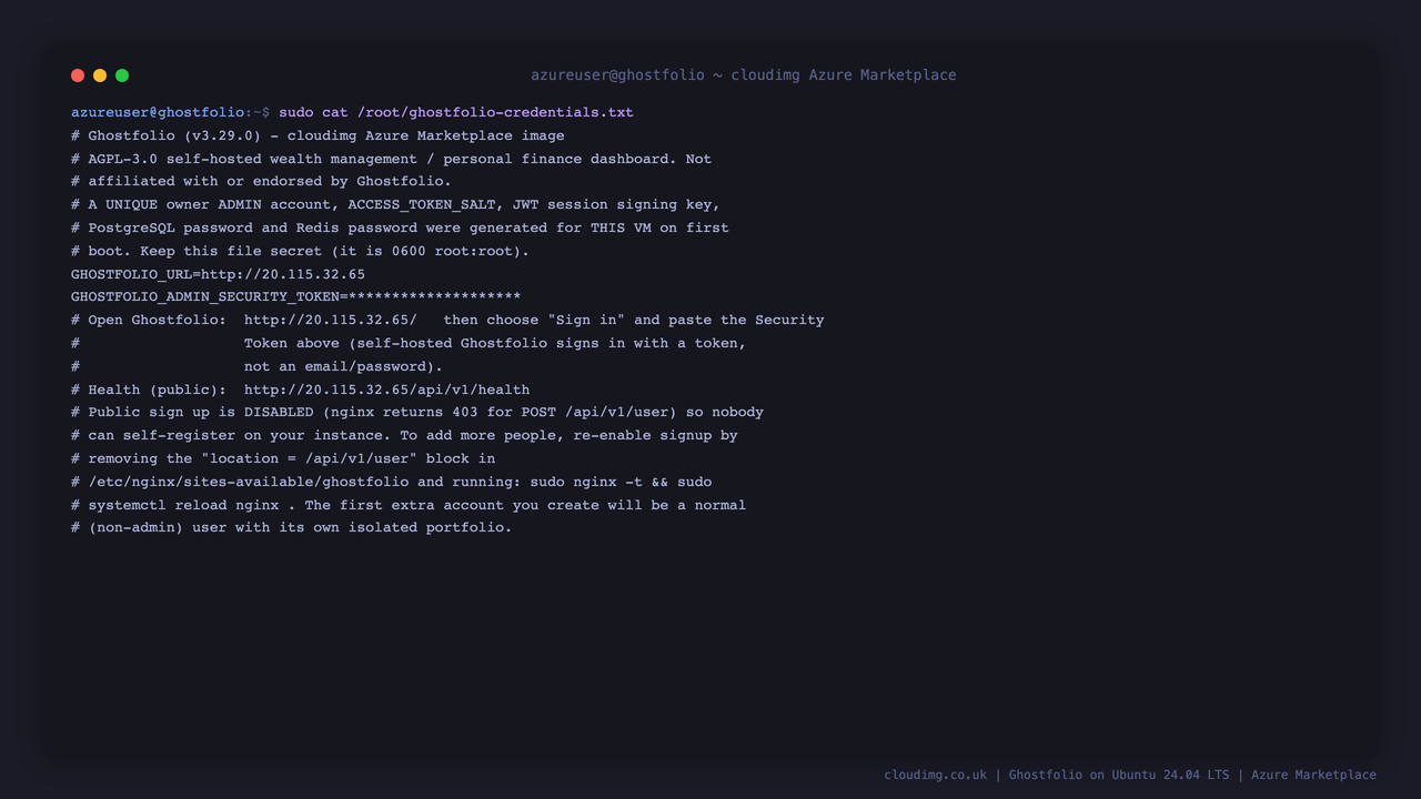 The per VM access notes, with the application URL and the admin Security Token masked
