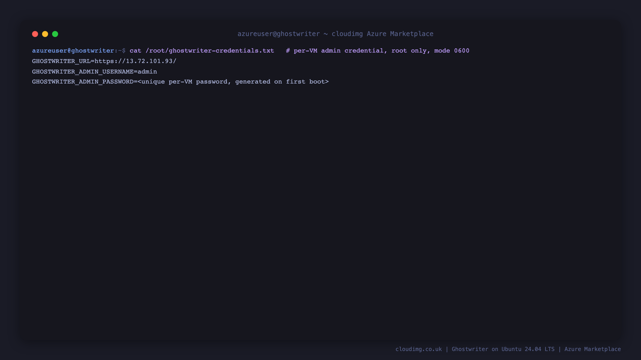 The per-VM Ghostwriter credentials file with the console URL, the admin username and the administrator password (redacted), root only and mode 0600
