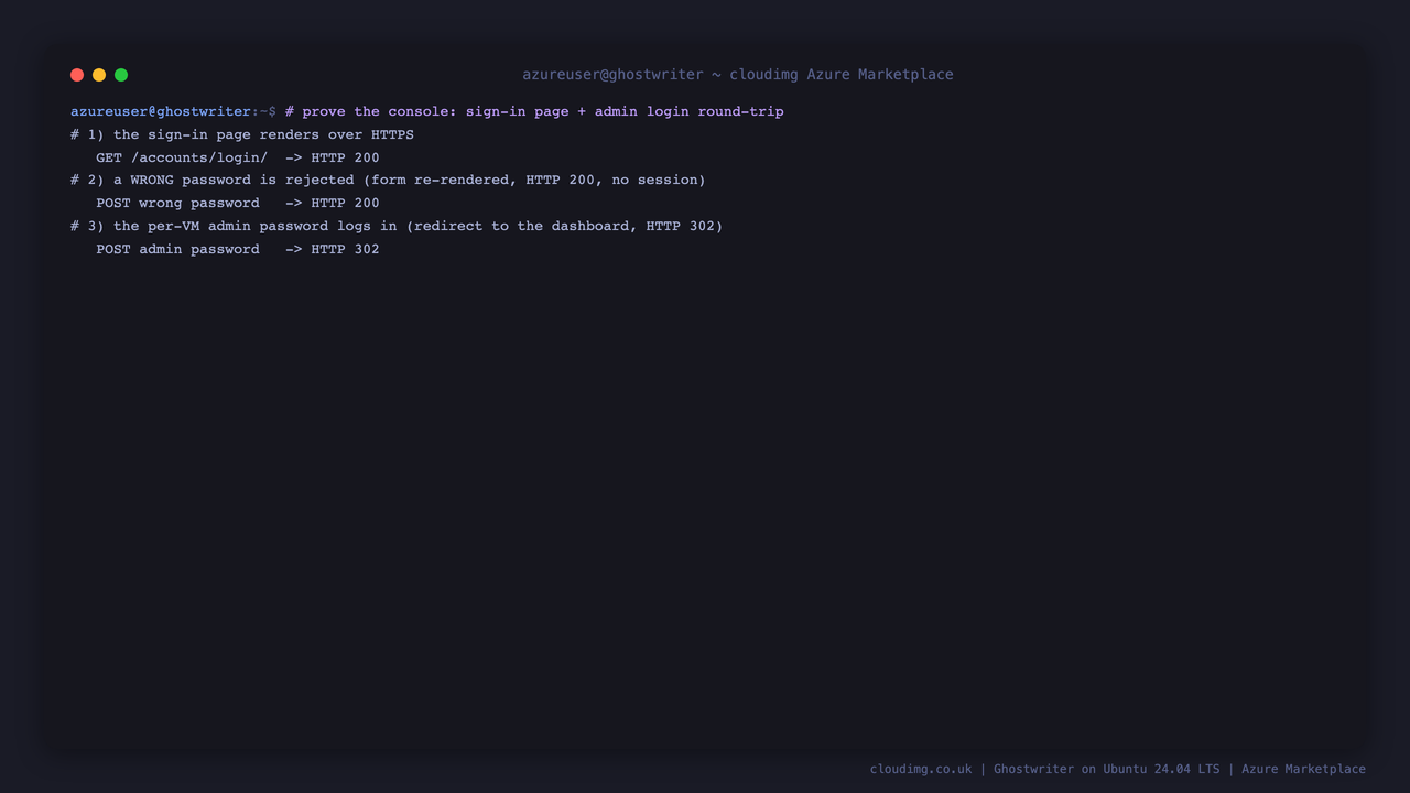 The Ghostwriter sign-in page returning HTTP 200, a wrong password rejected and the per-VM administrator password logging in with a redirect to the dashboard