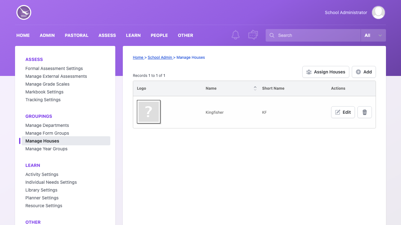 Configuring houses under School Admin