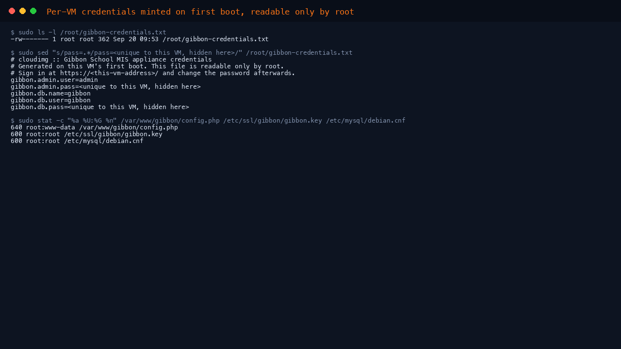 The root only credentials file, with the per VM passwords hidden