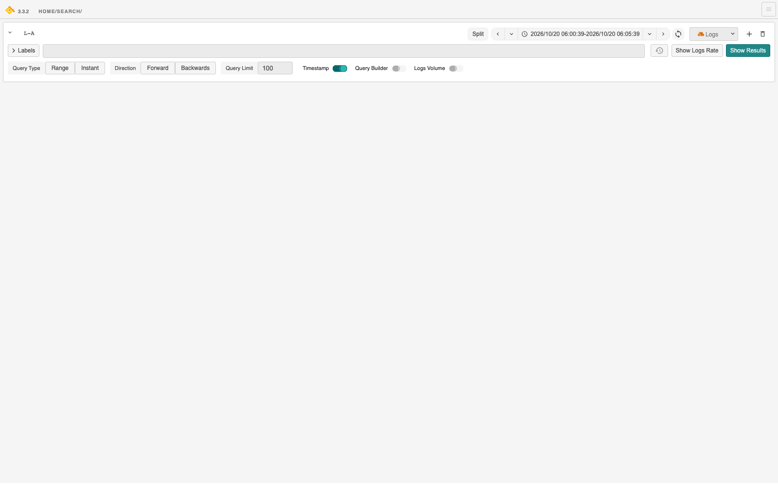 The Gigapipe explorer after signing in, with the Logs data source selected and the query bar, time range picker and label browser ready