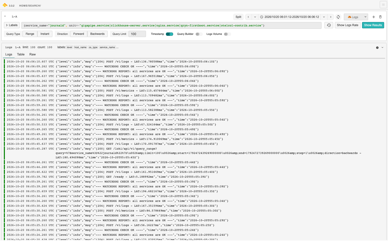A LogQL query returning live log lines from the instance's systemd journal, with the unit, syslog identifier and level labels the collector attached