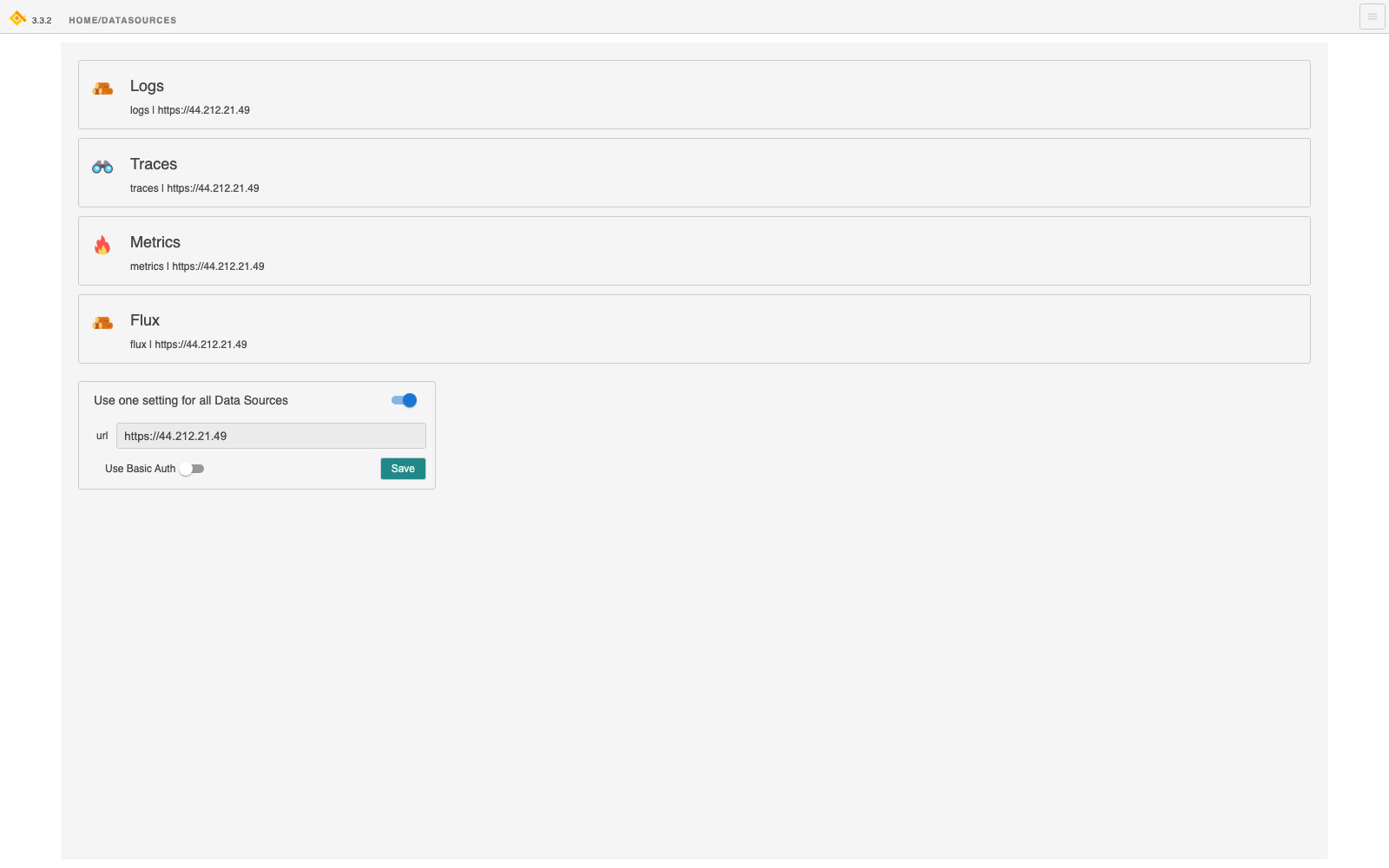 The explorer's data source settings, with the Logs, Metrics and Traces sources pointing at the instance's own address