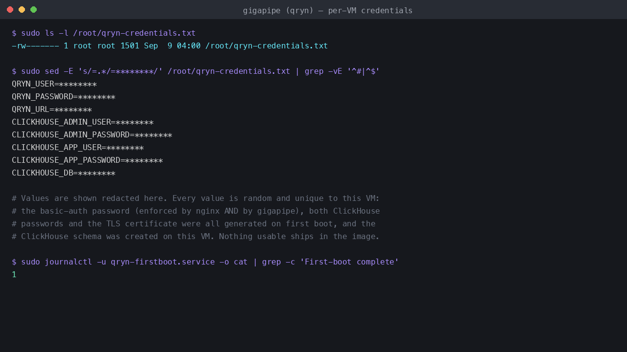 The per VM credentials file, root only, listing the basic authentication user, its password and URL, and both ClickHouse users, every value unique to this VM